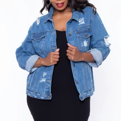 Wax Jean Outerwear Plus Size Destroyed Denim Jacket - Medium Wash