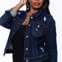 Wax Jean Plus Size Crop Destructed Denim Jacket - Dark Wash