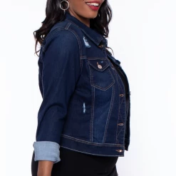 Wax Jean Plus Size Crop Destructed Denim Jacket - Dark Wash