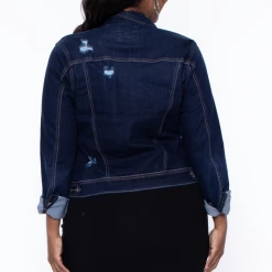 Wax Jean Plus Size Crop Destructed Denim Jacket - Dark Wash