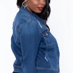 Wax Jean Plus Size Crop Destructed Denim Jacket - Medium Wash