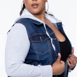 Wax Jean Plus Size Denim Hoodie Trucker Jacket - Dark Wash