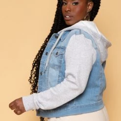 Wax Jean Outerwear Plus Size Denim Hoodie Trucker Jacket - Light Wash