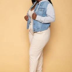 Wax Jean Outerwear Plus Size Denim Hoodie Trucker Jacket - Light Wash