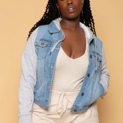 Wax Jean Outerwear Plus Size Denim Hoodie Trucker Jacket - Light Wash