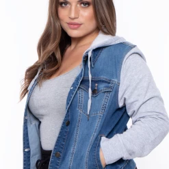 Wax Jean Plus Size Denim Hoodie Trucker Jacket - Medium Wash Outerwear
