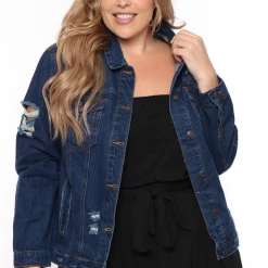 Wax Jean Plus Size Destroyed Denim Jacket - Dark Wash Outerwear