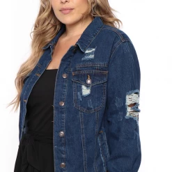 Wax Jean Plus Size Destroyed Denim Jacket - Dark Wash Outerwear