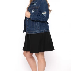 Wax Jean Plus Size Destroyed Denim Jacket - Dark Wash Outerwear