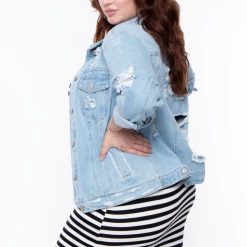Wax Jean Plus Size Destroyed Denim Jacket - Light Wash Outerwear