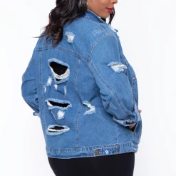 Wax Jean Outerwear Plus Size Destroyed Denim Jacket - Medium Wash