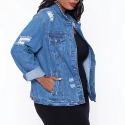 Wax Jean Outerwear Plus Size Destroyed Denim Jacket - Medium Wash