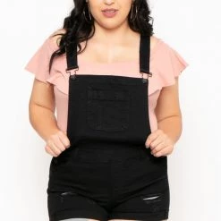 Wax Jean Back In Stock Plus Size Destroyed Basic Denim Overall Shorts - Black