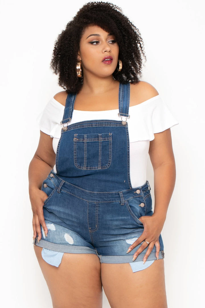 Wax Jean Back In Stock Plus Size Destroyed Basic Denim Overall Shorts - Medium Wash 3 Wax Jean Back In Stock Plus Size Destroyed Basic Denim Overall Shorts - Medium Wash