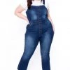 Wax Jean Plus Size Denim Cropped Flare Overalls - Dark Wash Jeans