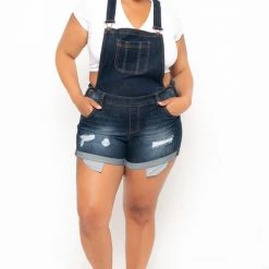 Wax Jean Plus Size Destroyed Basic Denim Overall Shorts - Dark Wash