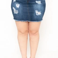Wax Jean Plus Size Distressed Denim Mini Skirt - Dark Wash