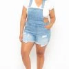Wax Jean Plus Size Destroyed Basic Denim Overall Shorts - Light Wash