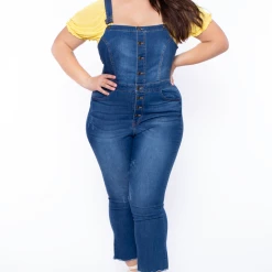 Wax Jean Plus Size Denim Cropped Flare Overalls - Medium Wash Jeans