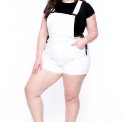 Wax Jean Back In Stock Plus Size Destroyed Basic Denim Overall Shorts - White