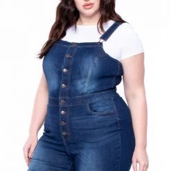 Wax Jean Plus Size Denim Cropped Flare Overalls - Dark Wash Jeans