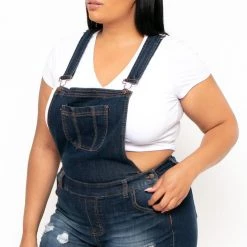 Wax Jean Plus Size Destroyed Basic Denim Overall Shorts - Dark Wash