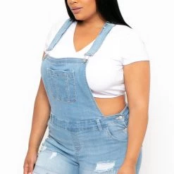 Wax Jean Plus Size Destroyed Basic Denim Overall Shorts - Light Wash