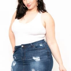 Wax Jean Plus Size Distressed Denim Mini Skirt - Dark Wash