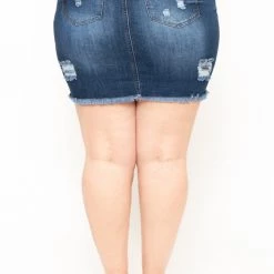 Wax Jean Plus Size Distressed Denim Mini Skirt - Dark Wash