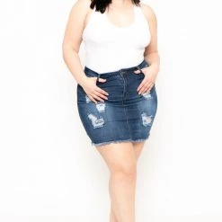 Wax Jean Plus Size Distressed Denim Mini Skirt - Dark Wash