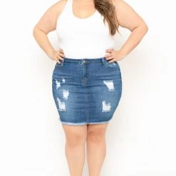 Wax Jean Jeans Plus Size Distressed Denim Mini Skirt - Medium Wash