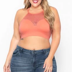 Zenana Tops Plus Size Lace Trim Bralette - Coral