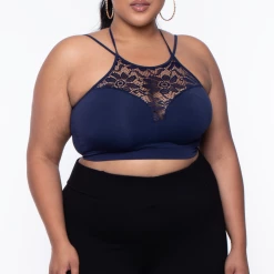 Zenana Plus Size Lace Trim Bralette - Navy Tops