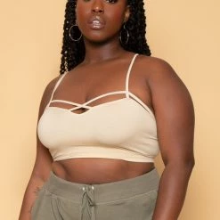 Zenana Plus Size Caged-Cutout Bralette - Tan Tops
