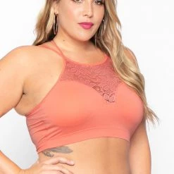 Zenana Tops Plus Size Lace Trim Bralette - Coral