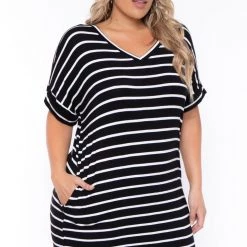 Zenana Plus Size Striped Basic T-Shirt Dress - Black New Arrivals