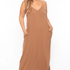 Zenana Dresses Plus Size Cami Strap Maxi Dress - Camel