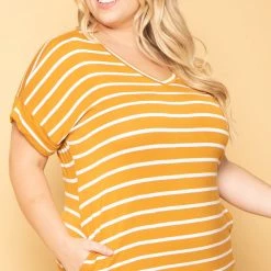 Zenana Plus Size Striped Basic T-Shirt Dress - Mustard