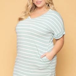 Zenana Plus Size Striped Basic T-Shirt Dress - Seafoam