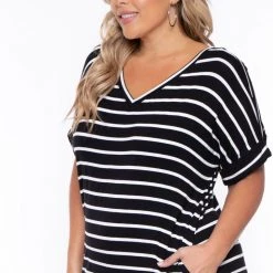 Zenana Plus Size Striped Basic T-Shirt Dress - Black New Arrivals
