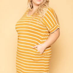 Zenana Plus Size Striped Basic T-Shirt Dress - Mustard