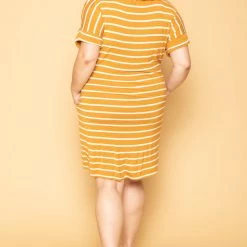 Zenana Plus Size Striped Basic T-Shirt Dress - Mustard