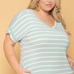 Zenana Plus Size Striped Basic T-Shirt Dress - Seafoam