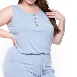 Zenana Party Jumpsuilts Plus Size Zelda Button Up Lounge Jumpsuit - Ash Blue