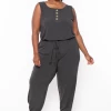 Zenana Plus Size Zelda Button Up Lounge Jumpsuit - Charcoal Party Jumpsuilts