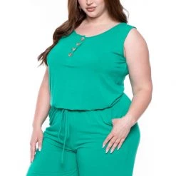 Zenana Party Jumpsuilts Plus Size Zelda Button Up Lounge Jumpsuit - Emerald