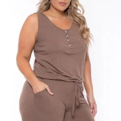 Zenana Party Jumpsuilts Plus Size Zelda Button Up Lounge Jumpsuit - Mocha