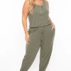Zenana Plus Size Zelda Button Up Lounge Jumpsuit - Olive Party Jumpsuilts