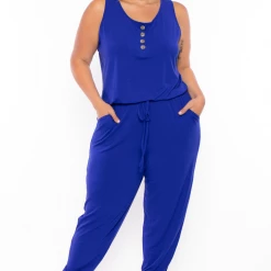 Zenana Party Jumpsuilts Plus Size Zelda Button Up Lounge Jumpsuit - Royal Blue