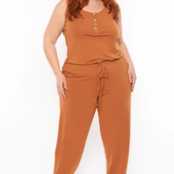 Zenana Plus Size Zelda Button Up Lounge Jumpsuit - Rust Party Jumpsuilts